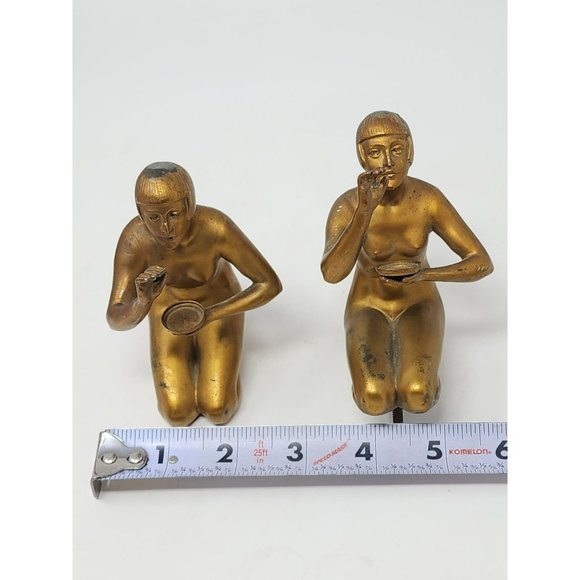 2 Vintage Bronze/Brass Nude Woman Kneeling Reaching Out Holding‎ Tray/Plate - Picture 11 of 14